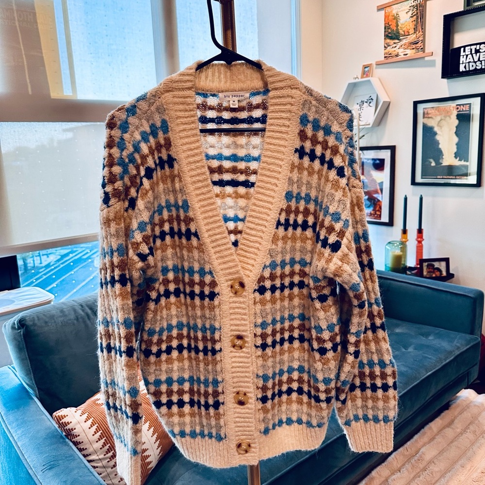 Blu Pepper Cream and Blue Cardigan Sweater with Geometric Pattern